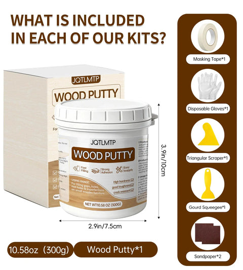 Premium White Wood Filler For Furniture Repair Heavy Duty Blend in 10.58 oz container with tools for easy application.