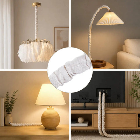 Premium White Fabric Chandelier Cord Covers That Tuck Away Messy Wiring Smoothly, shown on various lamps and a TV unit.
