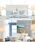 Coastal Glass Table Lamps Set of 2 With Rattan Wicker, 26.5 Inch Nautical Bedside Lamps displayed in beach-themed rooms.