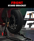 Motorcycle Front And Rear Stand Combo With 4 Pulley Wheel Lift supporting motorcycle front, red wheel, adjustable adapters
