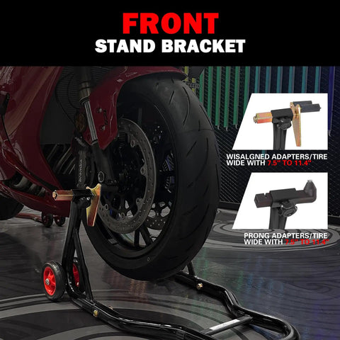 Motorcycle Front And Rear Stand Combo With 4 Pulley Wheel Lift supporting motorcycle front, red wheel, adjustable adapters