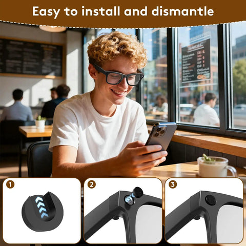 Person wearing Meta smart glasses with Restickable Blackout Light Blocking Stickers, easy installation steps shown
