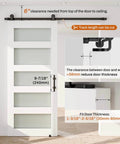 6 Point 6 Foot Sliding Barn Door Hardware Kit Beefed Up With Track And Rails Door Handle Floor Guide Splice Rails Rollers And Stops For A Heavy Duty Single Door Easy Install displayed installed on a white door showing clearance and track details.