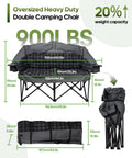 Oversized Double Camping Chair Padded Loveseat With Cup Holders For Two Adults, 61-inch wide, 900 lbs support, shown folded and unfolded.