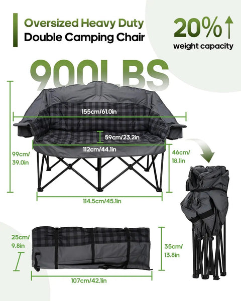 Oversized Double Camping Chair Padded Loveseat With Cup Holders For Two Adults, 61-inch wide, 900 lbs support, shown folded and unfolded.