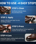 Steps showing how to use heavy duty shoe glue for cleaning, applying, pressing, and curing on boots and sneakers.
