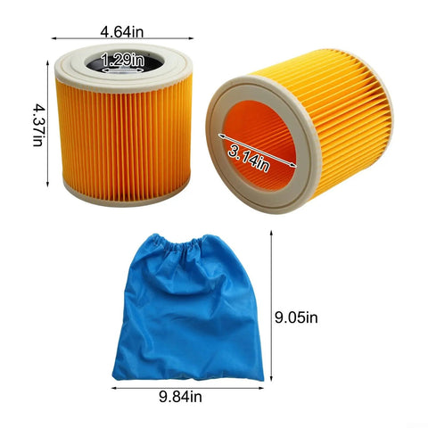Premium HePa Filter And Textile Dust Bag 6 Pack For Vacuum Cleaners showing two orange HEPA filters and a blue textile dust bag.