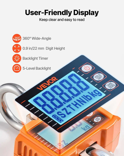 Close-up of digital crane scale with LCD display, showing numbers, features of Beast Of A Digital Crane Scale With 4400 Lbs Capacity
