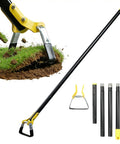 Stirrup Hoe Garden Tool with Adjustable 30 to 54 Inch Handle Double Edged Scuffle Hoe for Raised Beds Vegetables and Flowers Easy Push Pull Action Hula Hoe shown in use with soil.