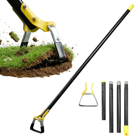 Stirrup Hoe Garden Tool with Adjustable 30 to 54 Inch Handle Double Edged Scuffle Hoe for Raised Beds Vegetables and Flowers Easy Push Pull Action Hula Hoe shown in use with soil.