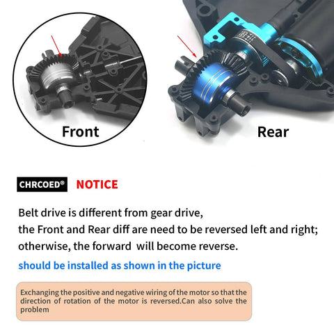 Diagram of TT-02 Belt Drive Transmission Kit, showing front and rear installation with aluminum 32T and 16T pulleys in RC car.