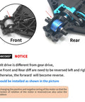 Front and rear view of TT02 Belt Drive RC Car Transmission Gear System With 40T And 16T Aluminum Pulleys And Metal Spur Gear