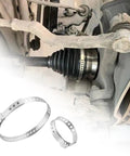 Durable 20 Piece CV Boot Clamp Kit With Stainless Steel Adjustable Hose Clamps Universal Fit For Steering Dust Covers And Fuel Hoses Includes Small And Large Clamps For Quick Easy Secure Auto Maintenance visible on installed vehicle axle