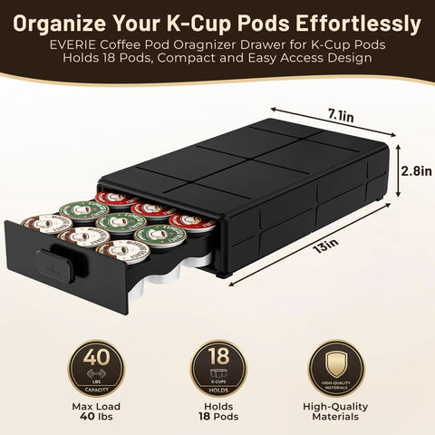 Under-Cabinet Coffee Pod Organizer Drawer For Keurig K-Cups, 3-Drawer Holder, black, open drawer with K-Cup pods visible