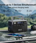 Portable Solar Generator With 60 Watt Panel And 230 Wh LifePo4 Battery Power Station charges devices on table with camera.