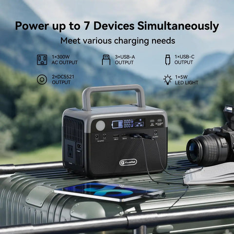 Portable Solar Generator With 60 Watt Panel And 230 Wh LifePo4 Battery Power Station charges devices on table with camera.