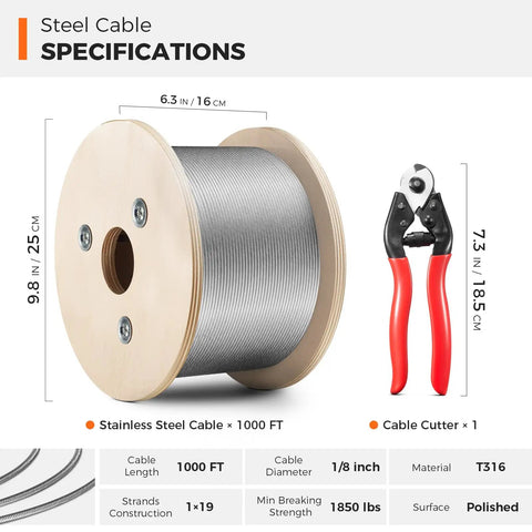 Marine Grade 316 Stainless Steel Cable One Eighth Inch Wire Rope 1000 Feet For Deck Railings Stair Porch Fence Balusters With Cutter Heavy Duty Durable Rustproof Aircraft Cable shown with specifications and cutter