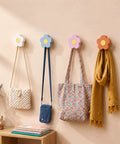Four Pack Hand Carved Wood Daisy Wall Hooks Decorative Multi Color Coat And Robe Hanger Rack For Bathroom Kitchen Nursery hanging bags and scarves