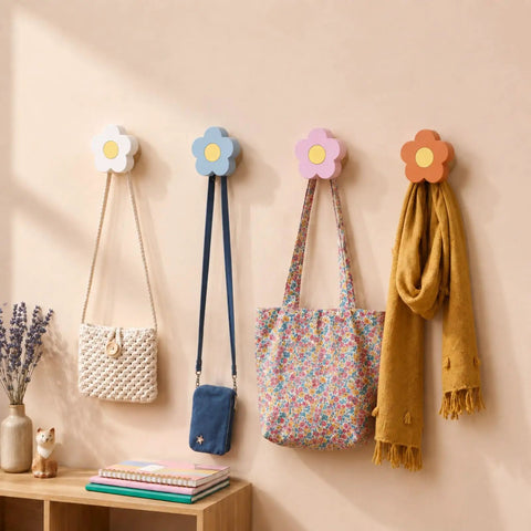 Four Pack Hand Carved Wood Daisy Wall Hooks Decorative Multi Color Coat And Robe Hanger Rack For Bathroom Kitchen Nursery hanging bags and scarves