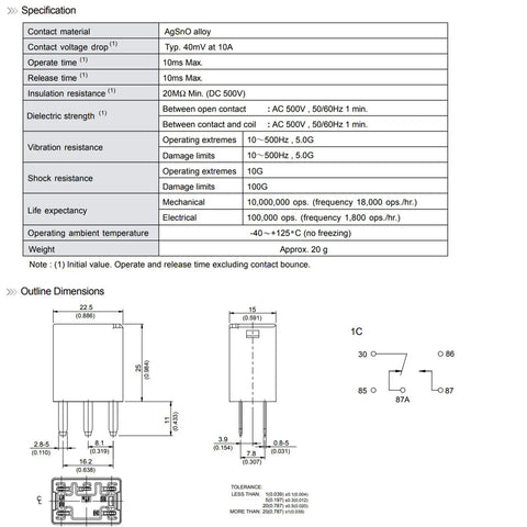 Specification sheet for 12VDC 35A SPDT Automotive Relay with 5 Pins for General Power Use ISO 280 Footprint Tough Low Cost