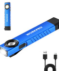 Rechargeable Pocket Flashlight With Dual Led And Cob, Uv Light, 600 Lumens, Magnetic Base, Clip, Slim Edc Flashlight For Garage, Camping, Home And Emergencies, shown in blue with USB-C cable.