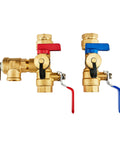 Brass 3/4-inch IPS tankless water heater isolator valve kit with red hot and blue cold handles and pressure relief valve