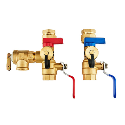 Brass 3/4-inch IPS tankless water heater isolator valve kit with red hot and blue cold handles and pressure relief valve
