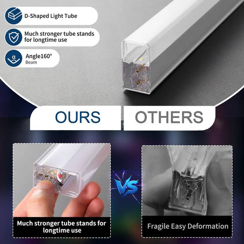 Comparison of D-shaped light tube for Geometric Hexagon Garage LED Light Panels with stronger build vs fragile option