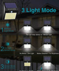 Diagram of 8 Pack Outdoor Motion Lights With 100 LEDs Solar Security Lights In 3 Modes Wireless IP65 Waterproof Motion Sensor.