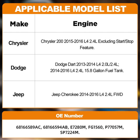 Applicable model list for Direct Fit Electric Fuel Pump Assembly For Chrysler 200 2015 2016, Jeep Cherokee 2014 2016, Dodge Dart 2013 2016 With L4 2.0L And 2.4L Engines Replaces E7280M SP7224M FG1560 OE 68166589AC 68166594AB