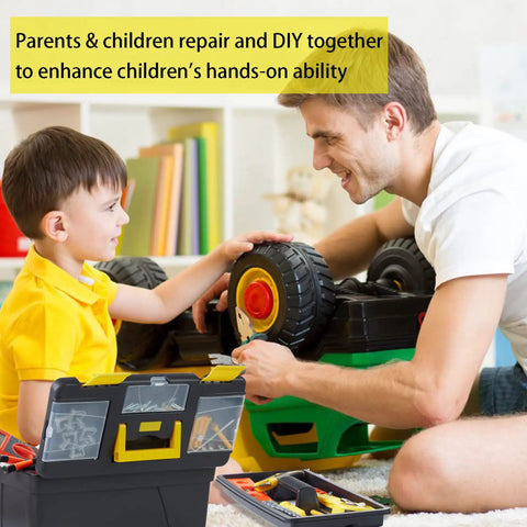 Parent and child using Four Piece Portable Toolbox Set With Built In Latch Tray And Magnetic Wristband For Home And Pro Repairs.