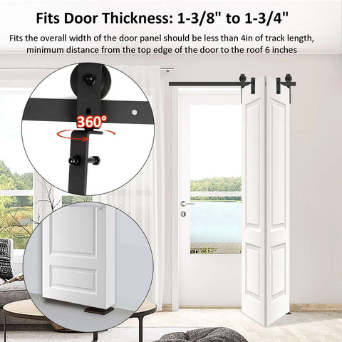 Bi-Fold Barn Door Hardware Kit For Closet, 30 Inch Track System For Two Doors, Black Roller Guides, Installed View