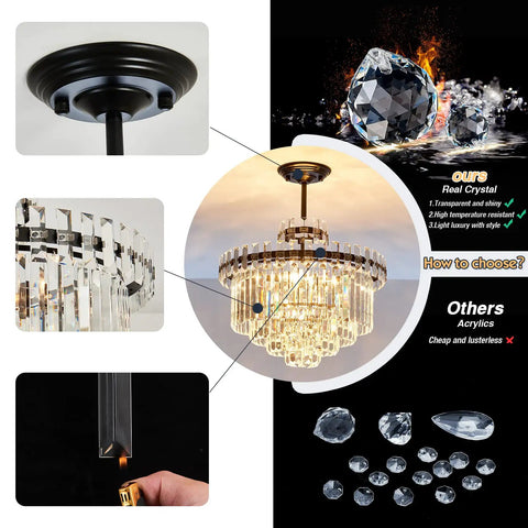 Lit 7 Light Black Crystal Chandelier Modern Semi Flush Mount Ceiling Light showing real crystal detail and light fixtures