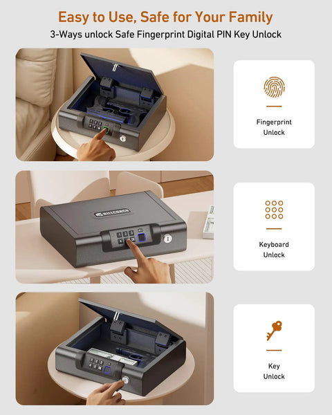 Portable Biometric Gun Safe With LED Light And Silent Mode, Electronic Lock Box For Pistols shown on nightstand