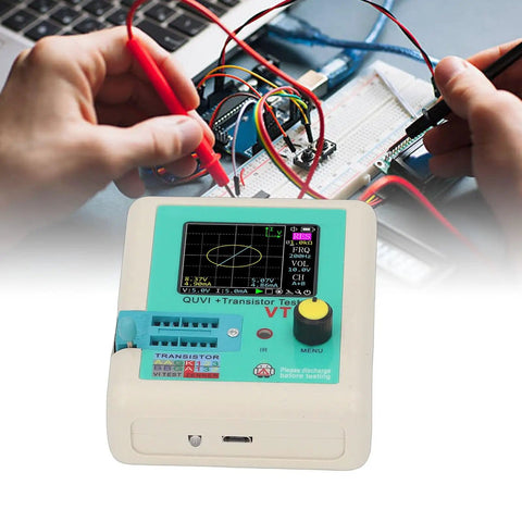 Handheld VI Curve Tester For Electronics Repair Game Changing Fast Component Fault Diagnosis Detects Resistors Capacitors Diodes And Transistors With Infrared Decoding 0.1 Volt Resolution 109000 Hertz For PCB Diagnosis, shown in use with probes on a circuit board.