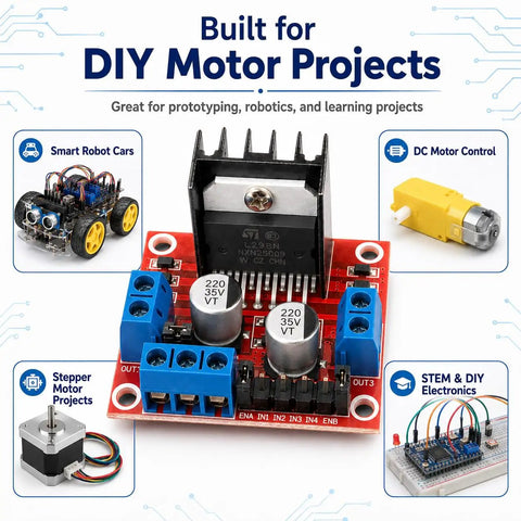 4 Pack Dual H Bridge DC Motor Driver Module For Arduino Uno R3 Mega 2560 Raspberry Pi And DIY Robots Drives Two DC Motors Or One Stepper Perfect For Smart Car Kits And Robotic Projects red board with heatsink and screw terminals for DIY motor control