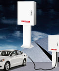 Heavy Duty EV Charger Protective Cover With Integrated Stand And Hella Secure Combo Lock Universal Weatherproof Charging Station Box for modern plug in vehicle, installed outdoors.