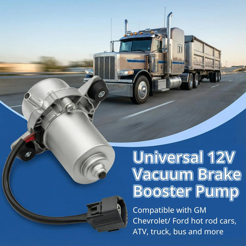 Close-up of universal 12V vacuum brake booster pump with electrical connector; large truck in background.