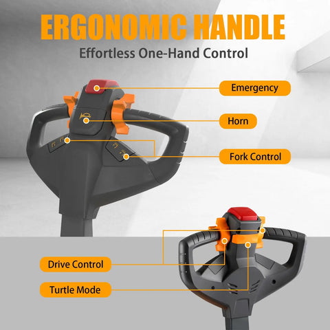 Ergonomic handle of the 3300 Lb Capacity Electric Walkie Stacker With 130 In Lift Height And Powered Drive for easy control.