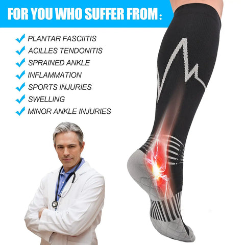 Unisex 2 Pack Compression Socks For Men And Women With Ankle And Arch Support Calf Massage Pad And 20 To 30 MmHg Knee High Socks for pain relief.