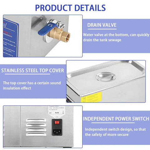 Kick It Clean With This Badass 4.5L Professional Ultrasonic Cleaner featuring a drain valve and stainless steel cover.