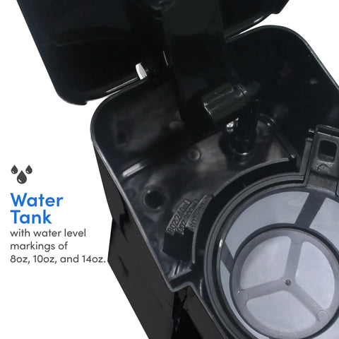 Close-up of water tank on Single Serve Coffee Maker With Travel Mug, Fast Brew In Under 60 Seconds, showing water level markings.