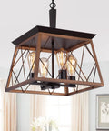 Farmhouse Rustic Square Chandelier Bronze And Black 4 Light Vintage Vibe Ceiling Light Fixture For Kitchen Dining Room Bar Entryway Foyer Living Room UL Listed hanging with black chain