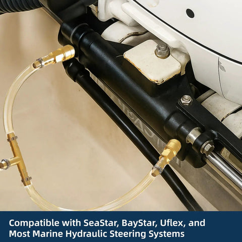 Close-up of One Person DIY Hydraulic Steering Bleed Kit With Filler Hose For SeaStar BayStar And Uflex Systems in use