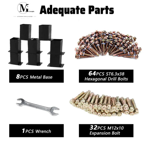 8 Pack 6x6 Post Bases Real Size 5.5x5.5 Black High Strength Alloy For Decks Gates Fences Mailboxes Street Lamps And Handrails With Screws For Easy Installation, showing metal bases, bolts, and wrench.