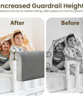 Before and after images showing Heavy Duty Toddler Bed Rail Bumper Guards Thick Foam Crash Cushions improving safety in bunk beds.