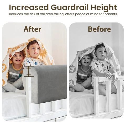 Before and after images showing Heavy Duty Toddler Bed Rail Bumper Guards Thick Foam Crash Cushions improving safety in bunk beds.