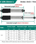 Diagram of Powerful 75mm 20N Mini Linear Actuator 12V High Speed with 3 inch stroke, showing retracted and extended lengths.