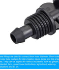 Close-up of Drip Irrigation Barbed Tee Three Way Fitting For 8mm To 4mm ID Tubing, durable black plastic construction