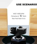 Pro Grade Heavy Duty CNC Spoilboard Surfacing Router Bit With Half Inch Shank And Two Inch Cutting Diameter Three Wing Coated Carbide Inserts Slab Flatting Planer Bit For Woodworking Includes Replacement Blades shown in use setup with wooden blocks